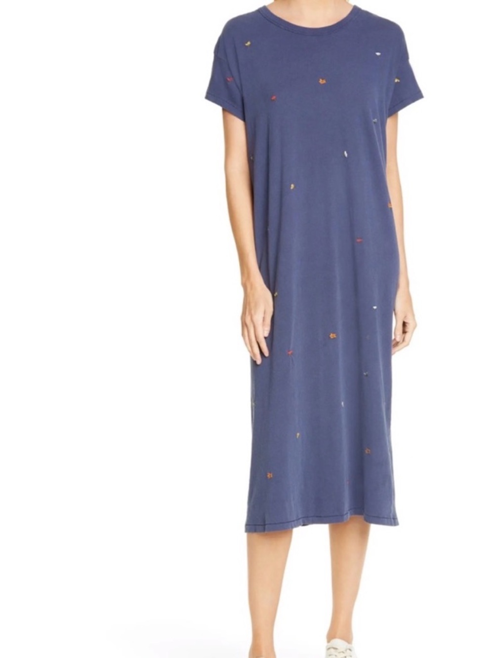 THE GREAT. Midi T-Shirt Dress with Multicolor Embroidery